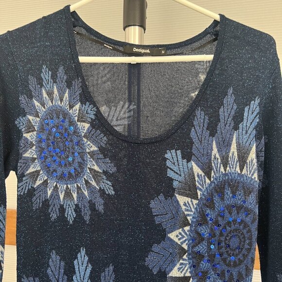 Desigual Helen Mandala Sequin Print 3/4 Sleeve Knit Mini Scoop Neck Dress Sz M - Picture 3 of 13
